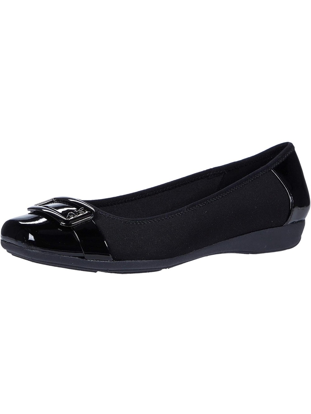 Anne Klein Ulivera Black Fabric & Patent Square Toe Ballet Flat with Buckle